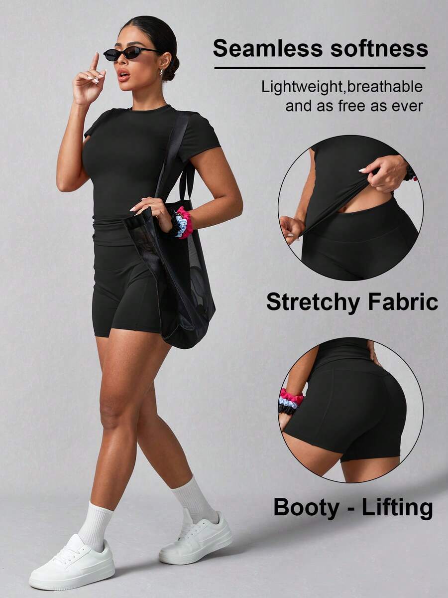 Women's Simple Solid Color Short Sleeve Shorts Sports Suit Summer
