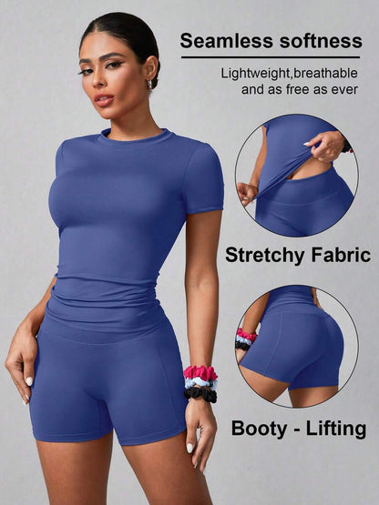 Women's Simple Solid Color Short Sleeve Shorts Sports Suit Summer