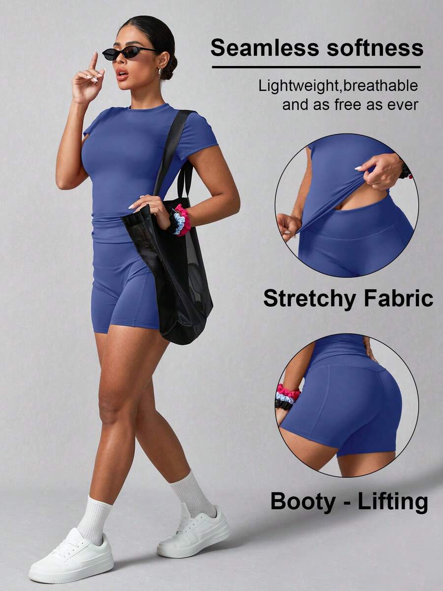 Women's Simple Solid Color Short Sleeve Shorts Sports Suit Summer