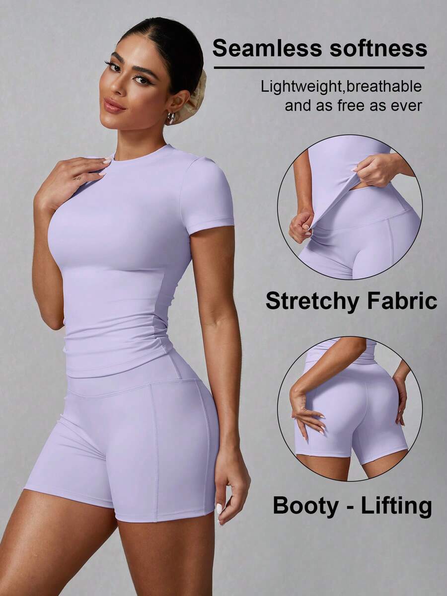 Women's Simple Solid Color Short Sleeve Shorts Sports Suit Summer