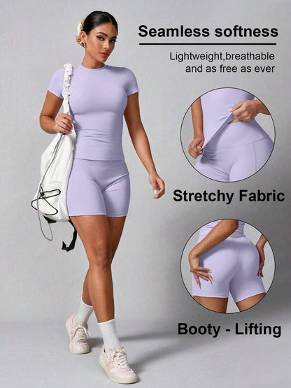 Women's Simple Solid Color Short Sleeve Shorts Sports Suit Summer