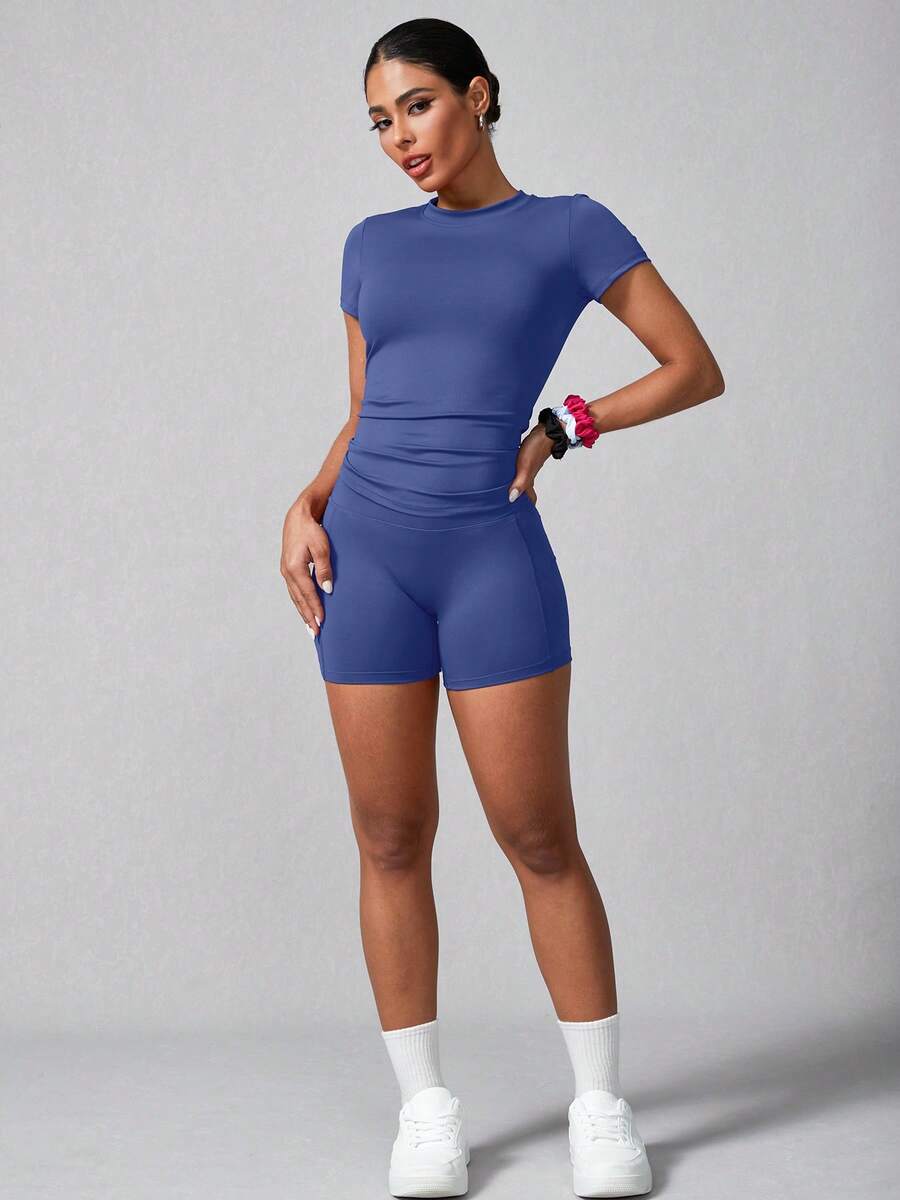 Women's Simple Solid Color Short Sleeve Shorts Sports Suit Summer