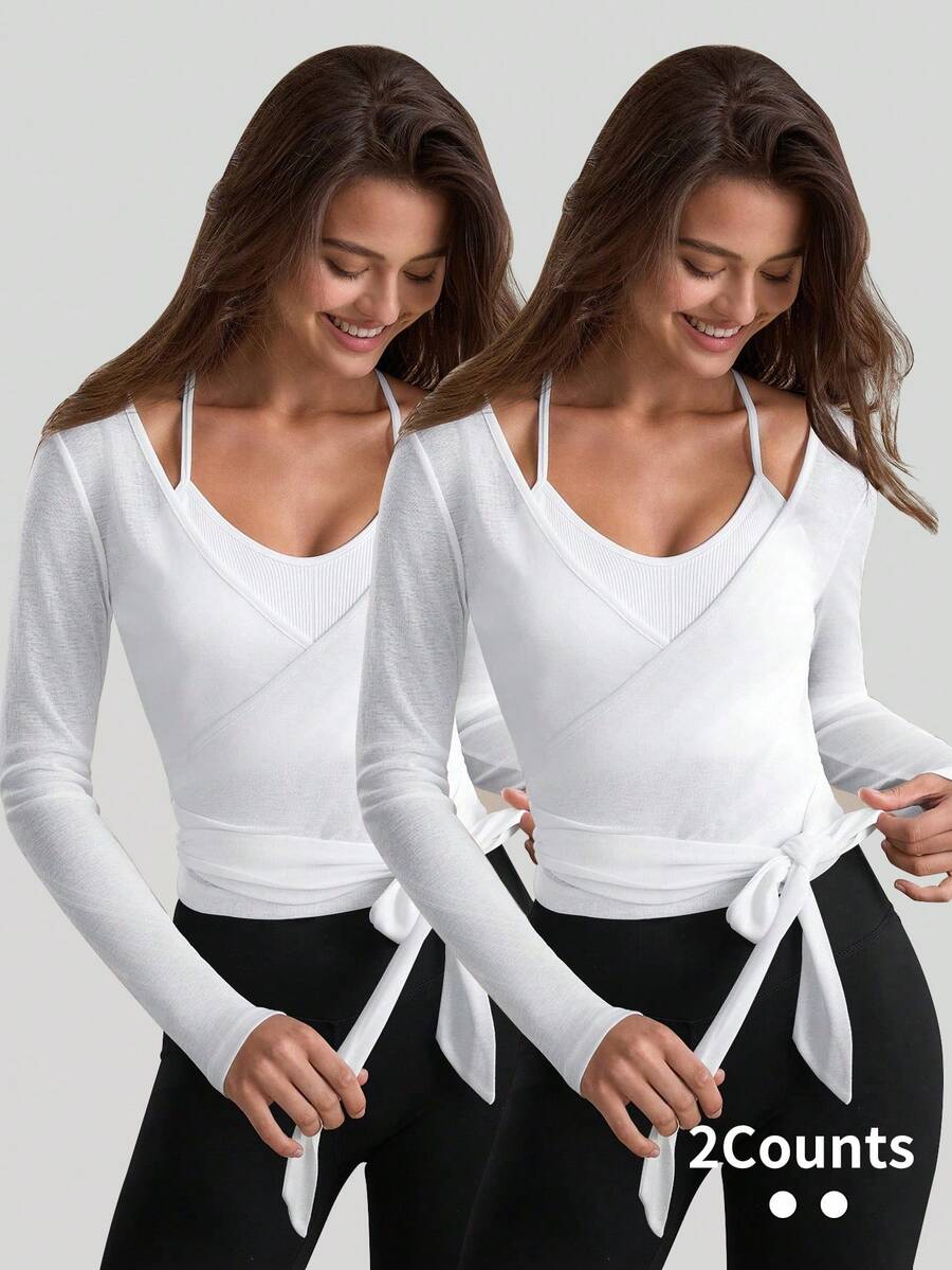 Eassivo Eassivo 2PCS Women's Textured Lightweight V-Neck Long Sleeve Adjustable Tie Wrap Top, Casual Sports Tee For Daily Wear Women's Yoga Tops Women's Long Sleeve Workout Tops Gym Shirts For Women Sexy Gym Criss Cross Women Tops Criss Cross Long Sleeve