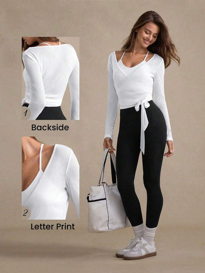 Eassivo Eassivo 2PCS Women's Textured Lightweight V-Neck Long Sleeve Adjustable Tie Wrap Top, Casual Sports Tee For Daily Wear Women's Yoga Tops Women's Long Sleeve Workout Tops Gym Shirts For Women Sexy Gym Criss Cross Women Tops Criss Cross Long Sleeve