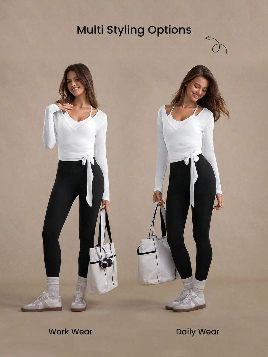 Eassivo Eassivo 2PCS Women's Textured Lightweight V-Neck Long Sleeve Adjustable Tie Wrap Top, Casual Sports Tee For Daily Wear Women's Yoga Tops Women's Long Sleeve Workout Tops Gym Shirts For Women Sexy Gym Criss Cross Women Tops Criss Cross Long Sleeve
