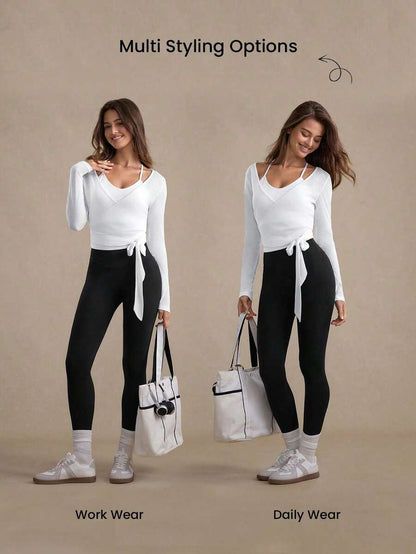 Eassivo Eassivo 2PCS Women's Textured Lightweight V-Neck Long Sleeve Adjustable Tie Wrap Top, Casual Sports Tee For Daily Wear Women's Yoga Tops Women's Long Sleeve Workout Tops Gym Shirts For Women Sexy Gym Criss Cross Women Tops Criss Cross Long Sleeve