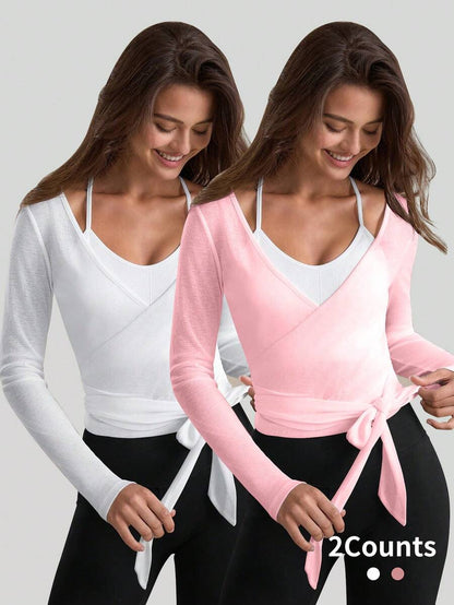 Eassivo Eassivo 2PCS Women's Textured Lightweight V-Neck Long Sleeve Adjustable Tie Wrap Top, Casual Sports Tee For Daily Wear Women's Yoga Tops Women's Long Sleeve Workout Tops Gym Shirts For Women Sexy Gym Criss Cross Women Tops Criss Cross Long Sleeve