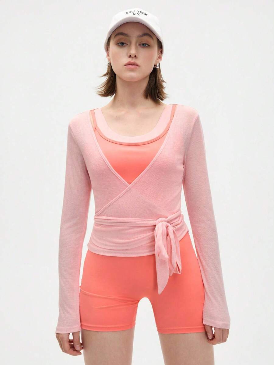 Eassivo Eassivo 2PCS Women's Textured Lightweight V-Neck Long Sleeve Adjustable Tie Wrap Top, Casual Sports Tee For Daily Wear Women's Yoga Tops Women's Long Sleeve Workout Tops Gym Shirts For Women Sexy Gym Criss Cross Women Tops Criss Cross Long Sleeve
