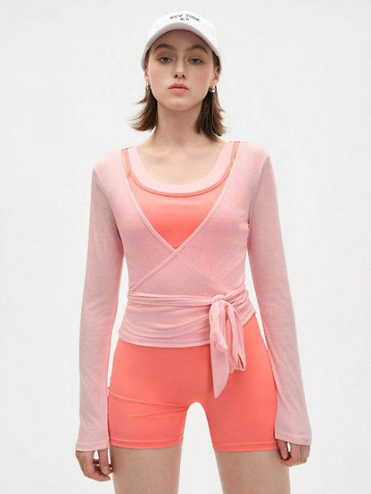 Eassivo Eassivo 2PCS Women's Textured Lightweight V-Neck Long Sleeve Adjustable Tie Wrap Top, Casual Sports Tee For Daily Wear Women's Yoga Tops Women's Long Sleeve Workout Tops Gym Shirts For Women Sexy Gym Criss Cross Women Tops Criss Cross Long Sleeve
