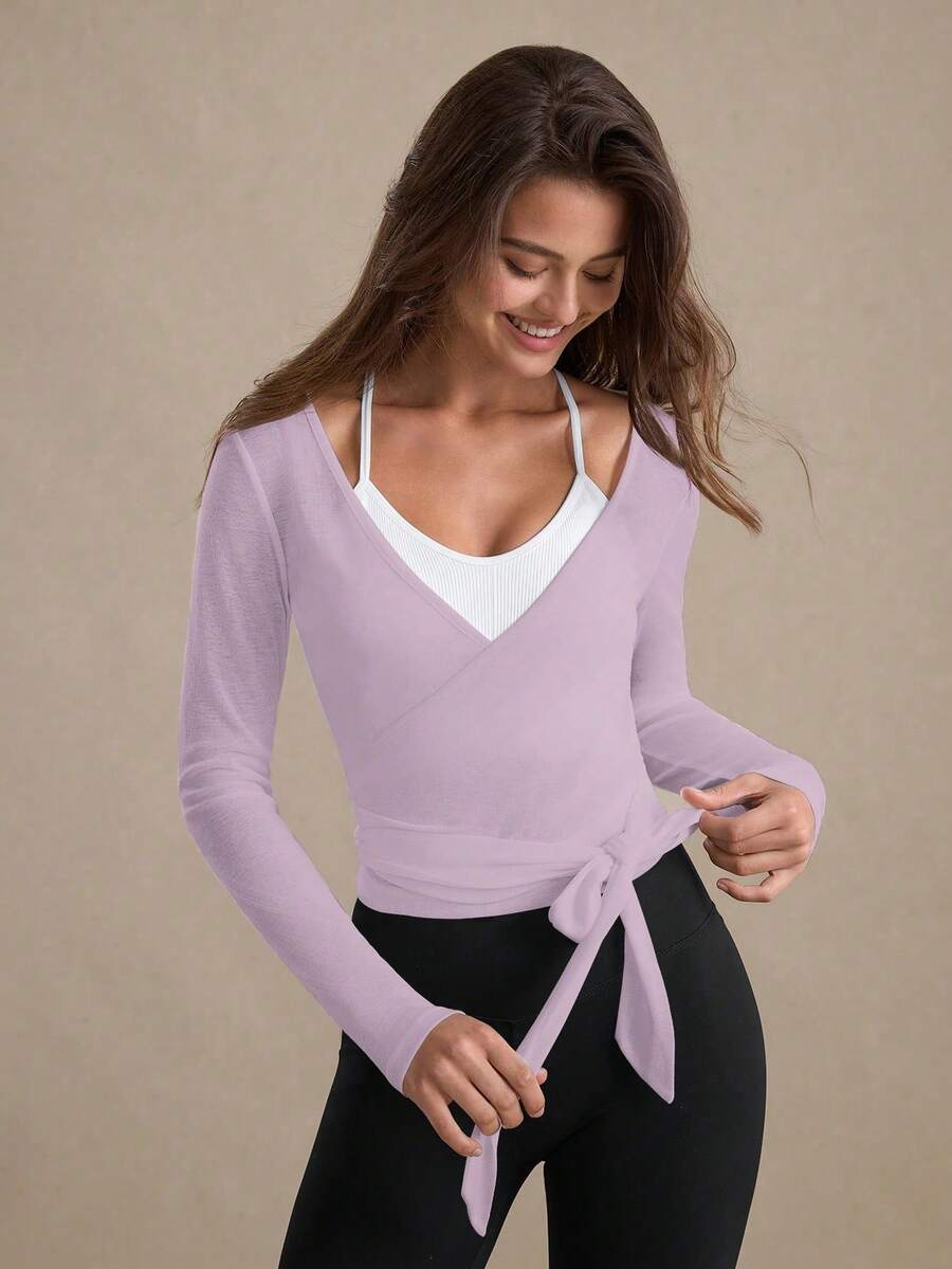 Eassivo Eassivo 2PCS Women's Textured Lightweight V-Neck Long Sleeve Adjustable Tie Wrap Top, Casual Sports Tee For Daily Wear Women's Yoga Tops Women's Long Sleeve Workout Tops Gym Shirts For Women Sexy Gym Criss Cross Women Tops Criss Cross Long Sleeve