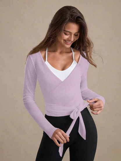 Eassivo Eassivo 2PCS Women's Textured Lightweight V-Neck Long Sleeve Adjustable Tie Wrap Top, Casual Sports Tee For Daily Wear Women's Yoga Tops Women's Long Sleeve Workout Tops Gym Shirts For Women Sexy Gym Criss Cross Women Tops Criss Cross Long Sleeve