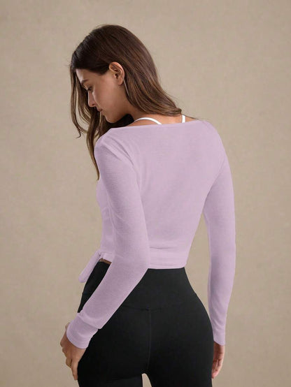 Eassivo Eassivo 2PCS Women's Textured Lightweight V-Neck Long Sleeve Adjustable Tie Wrap Top, Casual Sports Tee For Daily Wear Women's Yoga Tops Women's Long Sleeve Workout Tops Gym Shirts For Women Sexy Gym Criss Cross Women Tops Criss Cross Long Sleeve