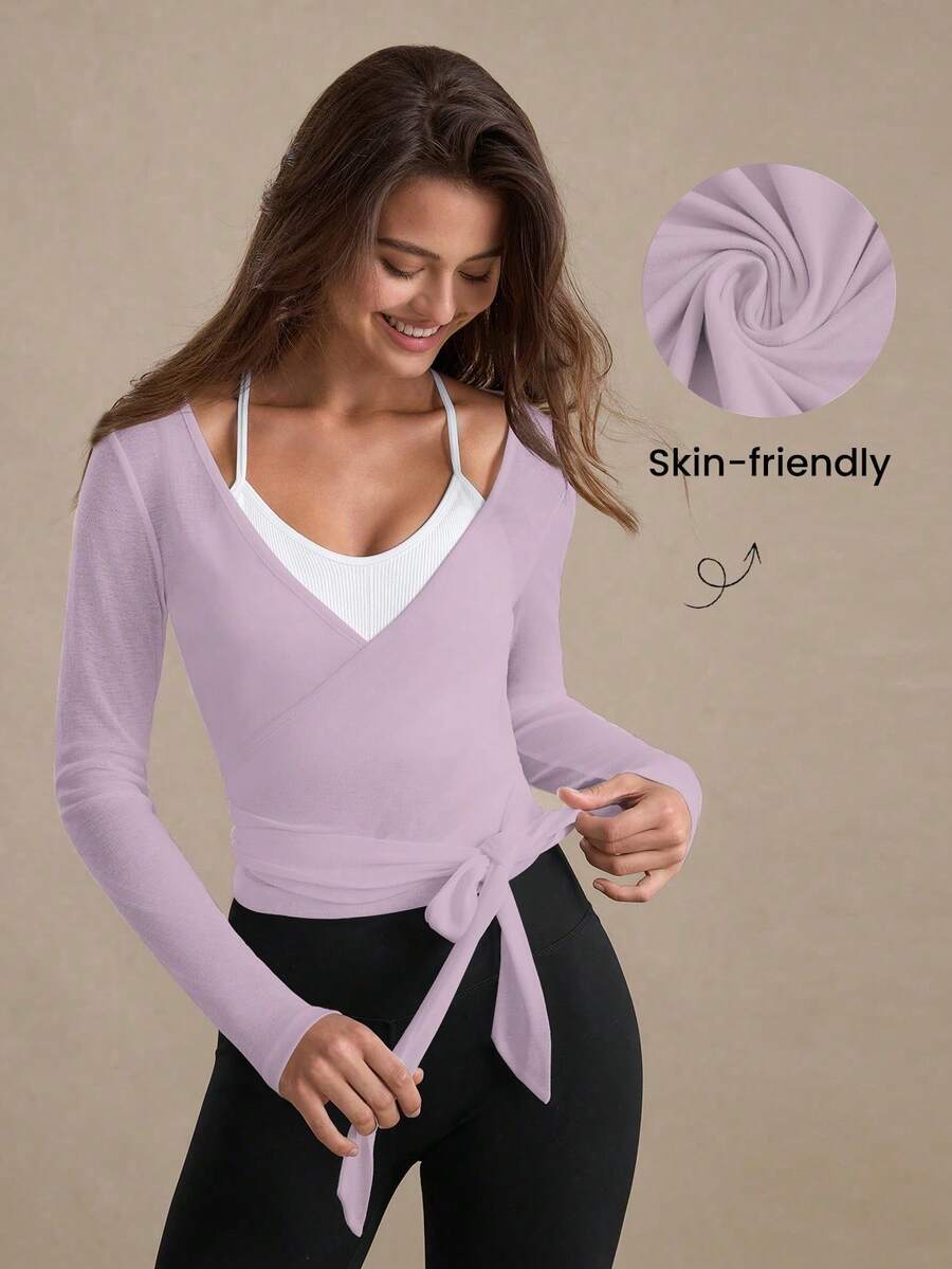 Eassivo Eassivo 2PCS Women's Textured Lightweight V-Neck Long Sleeve Adjustable Tie Wrap Top, Casual Sports Tee For Daily Wear Women's Yoga Tops Women's Long Sleeve Workout Tops Gym Shirts For Women Sexy Gym Criss Cross Women Tops Criss Cross Long Sleeve