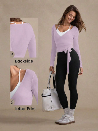 Eassivo Eassivo 2PCS Women's Textured Lightweight V-Neck Long Sleeve Adjustable Tie Wrap Top, Casual Sports Tee For Daily Wear Women's Yoga Tops Women's Long Sleeve Workout Tops Gym Shirts For Women Sexy Gym Criss Cross Women Tops Criss Cross Long Sleeve