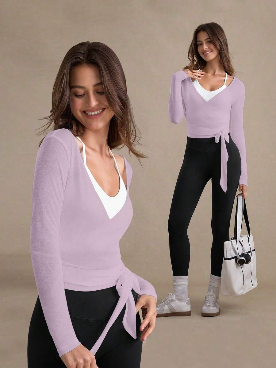 Eassivo Eassivo 2PCS Women's Textured Lightweight V-Neck Long Sleeve Adjustable Tie Wrap Top, Casual Sports Tee For Daily Wear Women's Yoga Tops Women's Long Sleeve Workout Tops Gym Shirts For Women Sexy Gym Criss Cross Women Tops Criss Cross Long Sleeve