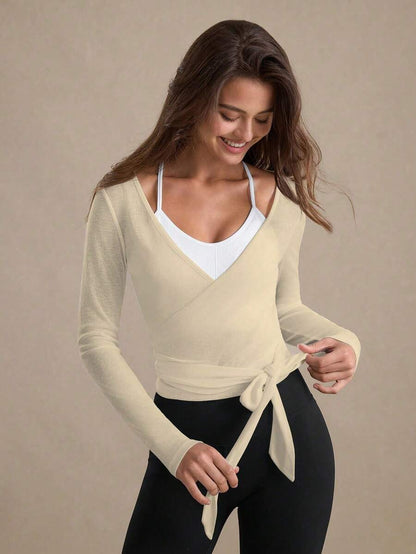 Eassivo Eassivo 2PCS Women's Textured Lightweight V-Neck Long Sleeve Adjustable Tie Wrap Top, Casual Sports Tee For Daily Wear Women's Yoga Tops Women's Long Sleeve Workout Tops Gym Shirts For Women Sexy Gym Criss Cross Women Tops Criss Cross Long Sleeve