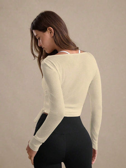 Eassivo Eassivo 2PCS Women's Textured Lightweight V-Neck Long Sleeve Adjustable Tie Wrap Top, Casual Sports Tee For Daily Wear Women's Yoga Tops Women's Long Sleeve Workout Tops Gym Shirts For Women Sexy Gym Criss Cross Women Tops Criss Cross Long Sleeve