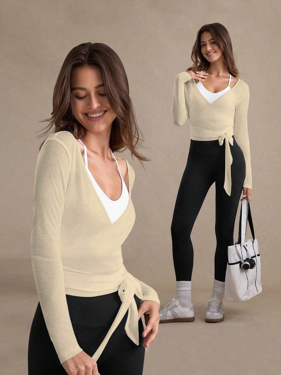 Eassivo Eassivo 2PCS Women's Textured Lightweight V-Neck Long Sleeve Adjustable Tie Wrap Top, Casual Sports Tee For Daily Wear Women's Yoga Tops Women's Long Sleeve Workout Tops Gym Shirts For Women Sexy Gym Criss Cross Women Tops Criss Cross Long Sleeve