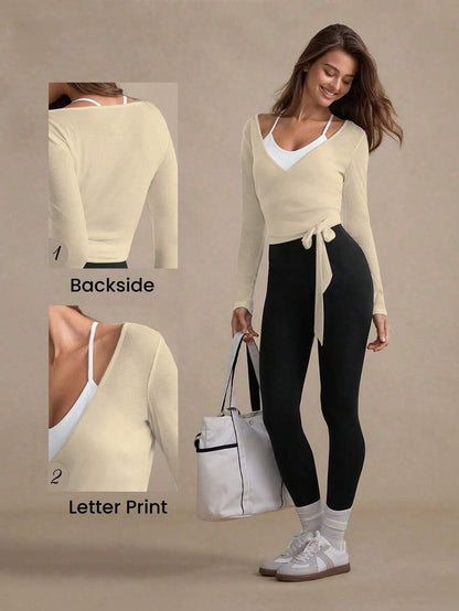 Eassivo Eassivo 2PCS Women's Textured Lightweight V-Neck Long Sleeve Adjustable Tie Wrap Top, Casual Sports Tee For Daily Wear Women's Yoga Tops Women's Long Sleeve Workout Tops Gym Shirts For Women Sexy Gym Criss Cross Women Tops Criss Cross Long Sleeve