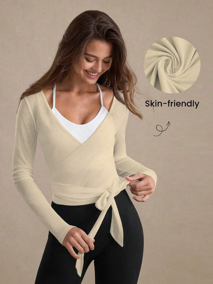 Eassivo Eassivo 2PCS Women's Textured Lightweight V-Neck Long Sleeve Adjustable Tie Wrap Top, Casual Sports Tee For Daily Wear Women's Yoga Tops Women's Long Sleeve Workout Tops Gym Shirts For Women Sexy Gym Criss Cross Women Tops Criss Cross Long Sleeve