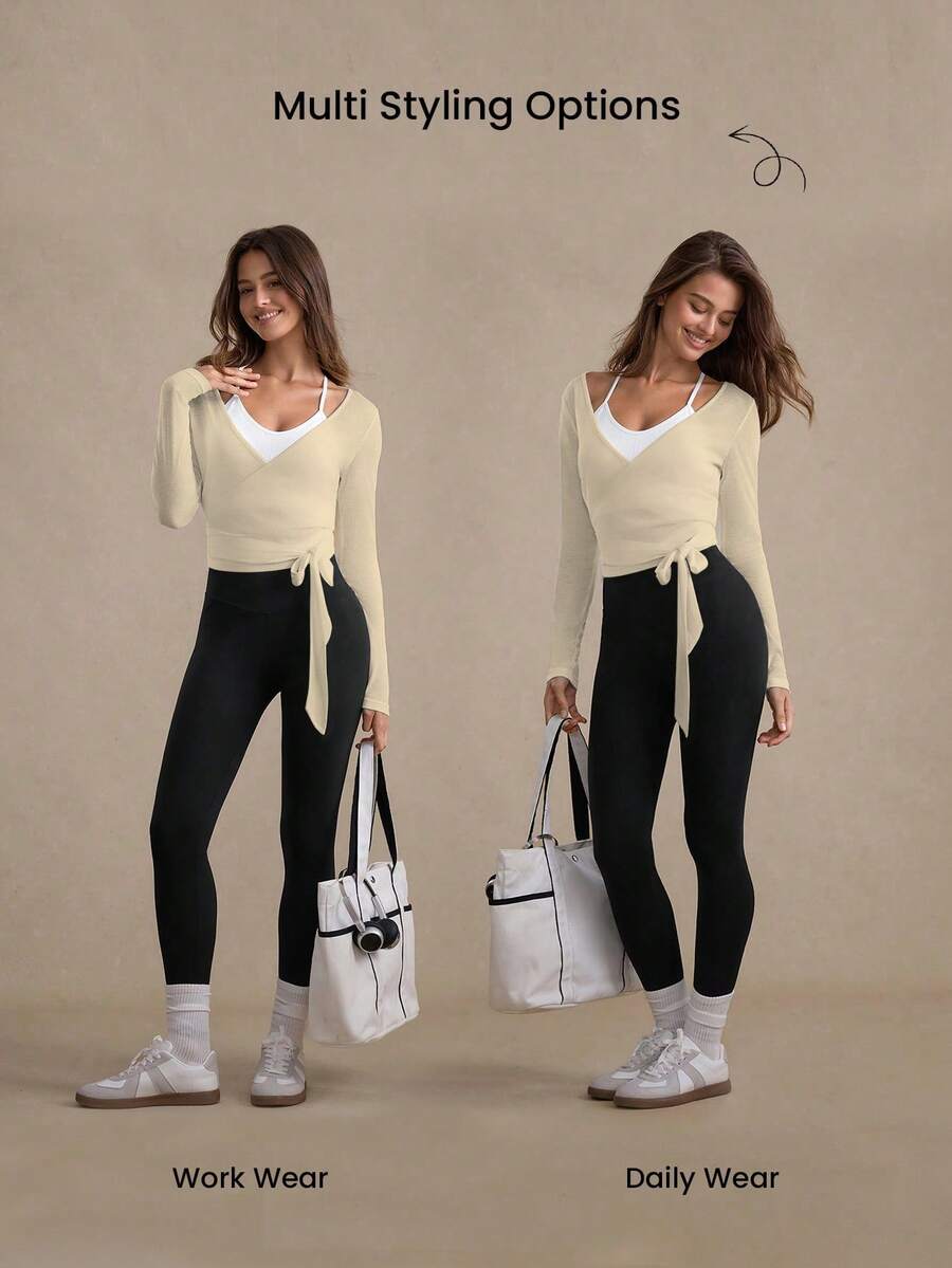 Eassivo Eassivo 2PCS Women's Textured Lightweight V-Neck Long Sleeve Adjustable Tie Wrap Top, Casual Sports Tee For Daily Wear Women's Yoga Tops Women's Long Sleeve Workout Tops Gym Shirts For Women Sexy Gym Criss Cross Women Tops Criss Cross Long Sleeve