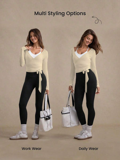 Eassivo Eassivo 2PCS Women's Textured Lightweight V-Neck Long Sleeve Adjustable Tie Wrap Top, Casual Sports Tee For Daily Wear Women's Yoga Tops Women's Long Sleeve Workout Tops Gym Shirts For Women Sexy Gym Criss Cross Women Tops Criss Cross Long Sleeve