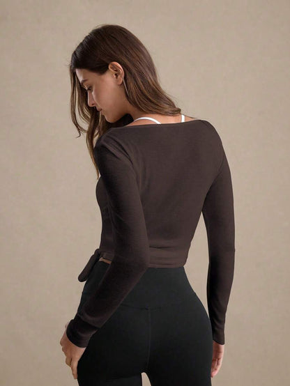 Eassivo Eassivo 2PCS Women's Textured Lightweight V-Neck Long Sleeve Adjustable Tie Wrap Top, Casual Sports Tee For Daily Wear Women's Yoga Tops Women's Long Sleeve Workout Tops Gym Shirts For Women Sexy Gym Criss Cross Women Tops Criss Cross Long Sleeve