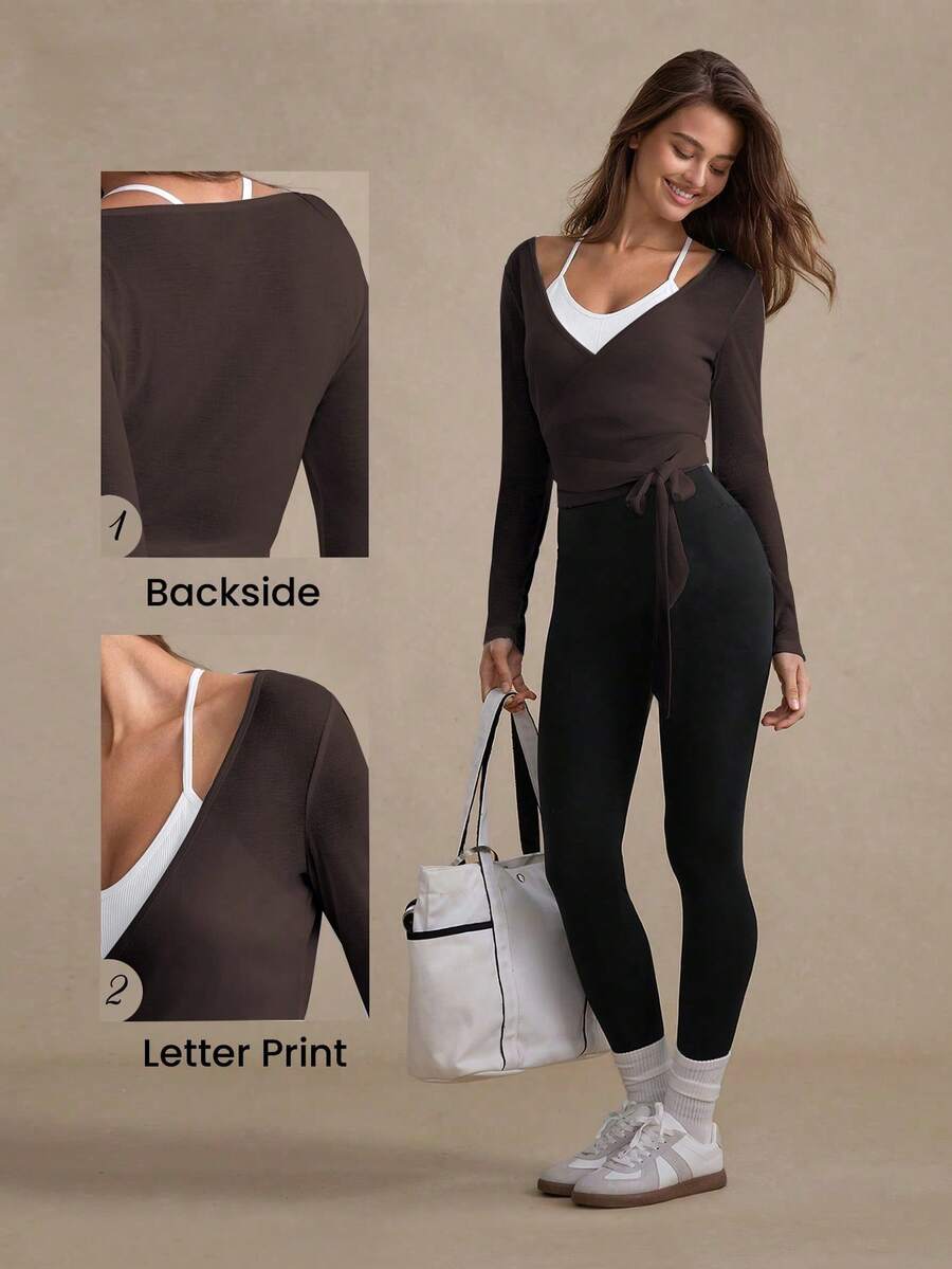 Eassivo Eassivo 2PCS Women's Textured Lightweight V-Neck Long Sleeve Adjustable Tie Wrap Top, Casual Sports Tee For Daily Wear Women's Yoga Tops Women's Long Sleeve Workout Tops Gym Shirts For Women Sexy Gym Criss Cross Women Tops Criss Cross Long Sleeve
