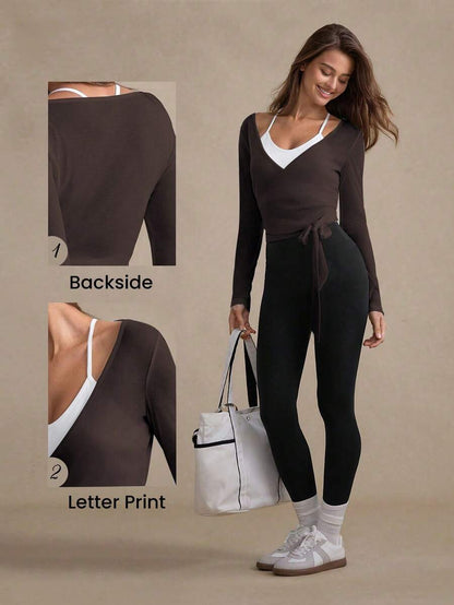 Eassivo Eassivo 2PCS Women's Textured Lightweight V-Neck Long Sleeve Adjustable Tie Wrap Top, Casual Sports Tee For Daily Wear Women's Yoga Tops Women's Long Sleeve Workout Tops Gym Shirts For Women Sexy Gym Criss Cross Women Tops Criss Cross Long Sleeve