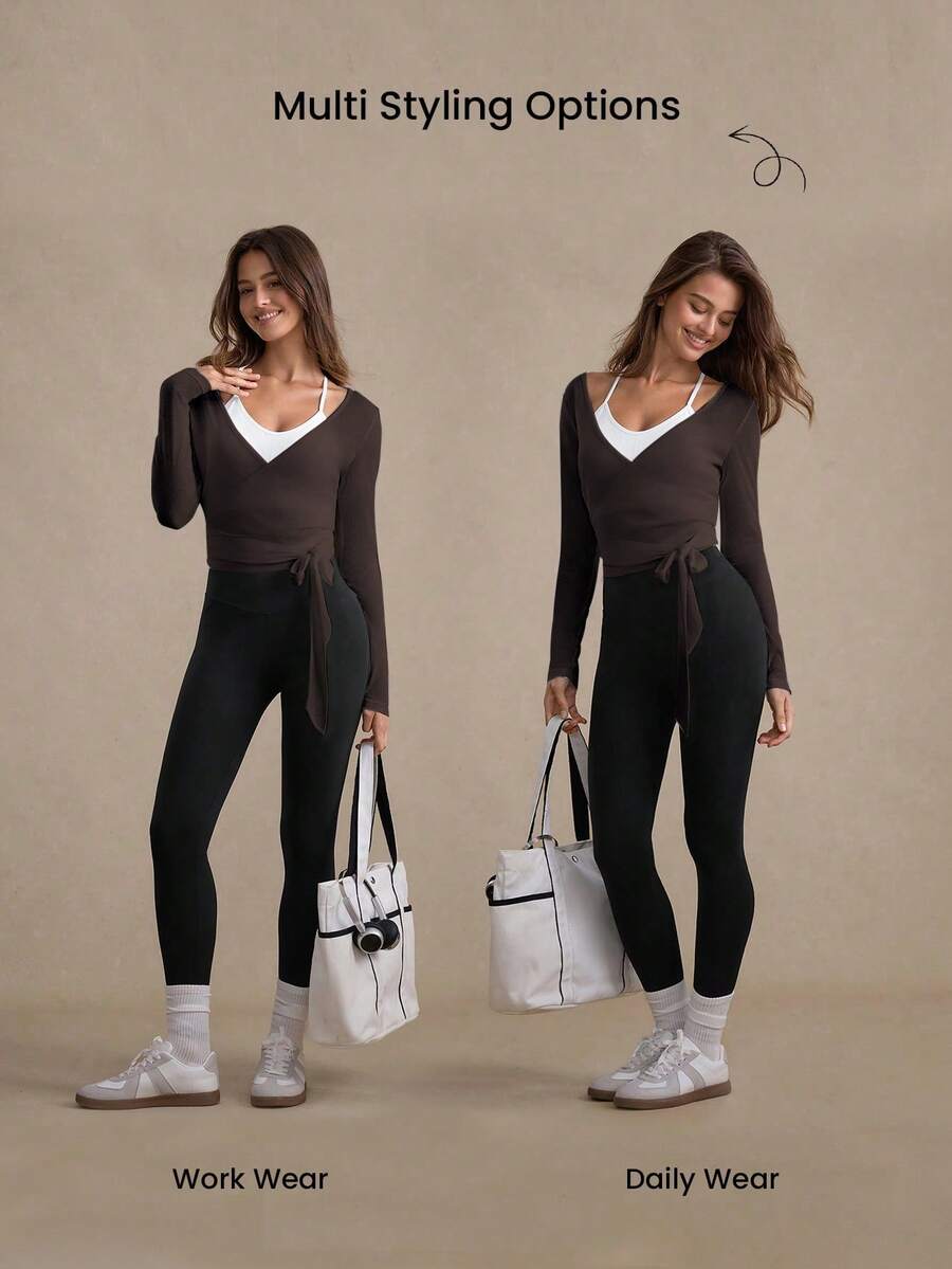 Eassivo Eassivo 2PCS Women's Textured Lightweight V-Neck Long Sleeve Adjustable Tie Wrap Top, Casual Sports Tee For Daily Wear Women's Yoga Tops Women's Long Sleeve Workout Tops Gym Shirts For Women Sexy Gym Criss Cross Women Tops Criss Cross Long Sleeve