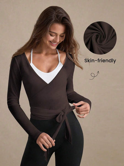 Eassivo Eassivo 2PCS Women's Textured Lightweight V-Neck Long Sleeve Adjustable Tie Wrap Top, Casual Sports Tee For Daily Wear Women's Yoga Tops Women's Long Sleeve Workout Tops Gym Shirts For Women Sexy Gym Criss Cross Women Tops Criss Cross Long Sleeve