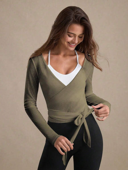 Eassivo Eassivo 2PCS Women's Textured Lightweight V-Neck Long Sleeve Adjustable Tie Wrap Top, Casual Sports Tee For Daily Wear Women's Yoga Tops Women's Long Sleeve Workout Tops Gym Shirts For Women Sexy Gym Criss Cross Women Tops Criss Cross Long Sleeve