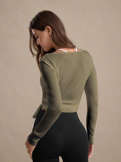 Eassivo Eassivo 2PCS Women's Textured Lightweight V-Neck Long Sleeve Adjustable Tie Wrap Top, Casual Sports Tee For Daily Wear Women's Yoga Tops Women's Long Sleeve Workout Tops Gym Shirts For Women Sexy Gym Criss Cross Women Tops Criss Cross Long Sleeve