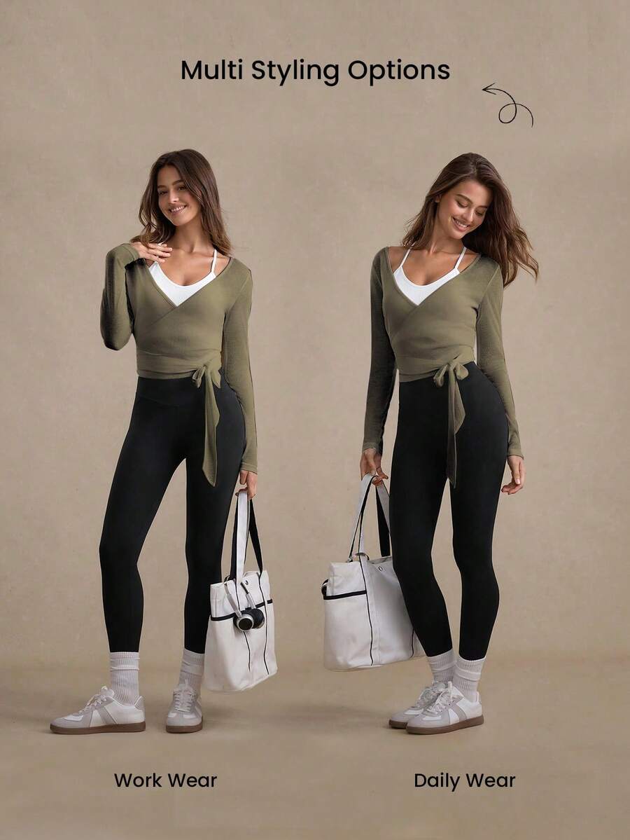 Eassivo Eassivo 2PCS Women's Textured Lightweight V-Neck Long Sleeve Adjustable Tie Wrap Top, Casual Sports Tee For Daily Wear Women's Yoga Tops Women's Long Sleeve Workout Tops Gym Shirts For Women Sexy Gym Criss Cross Women Tops Criss Cross Long Sleeve