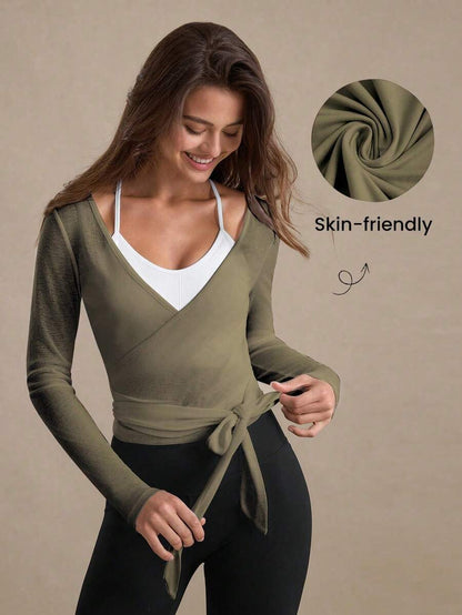 Eassivo Eassivo 2PCS Women's Textured Lightweight V-Neck Long Sleeve Adjustable Tie Wrap Top, Casual Sports Tee For Daily Wear Women's Yoga Tops Women's Long Sleeve Workout Tops Gym Shirts For Women Sexy Gym Criss Cross Women Tops Criss Cross Long Sleeve