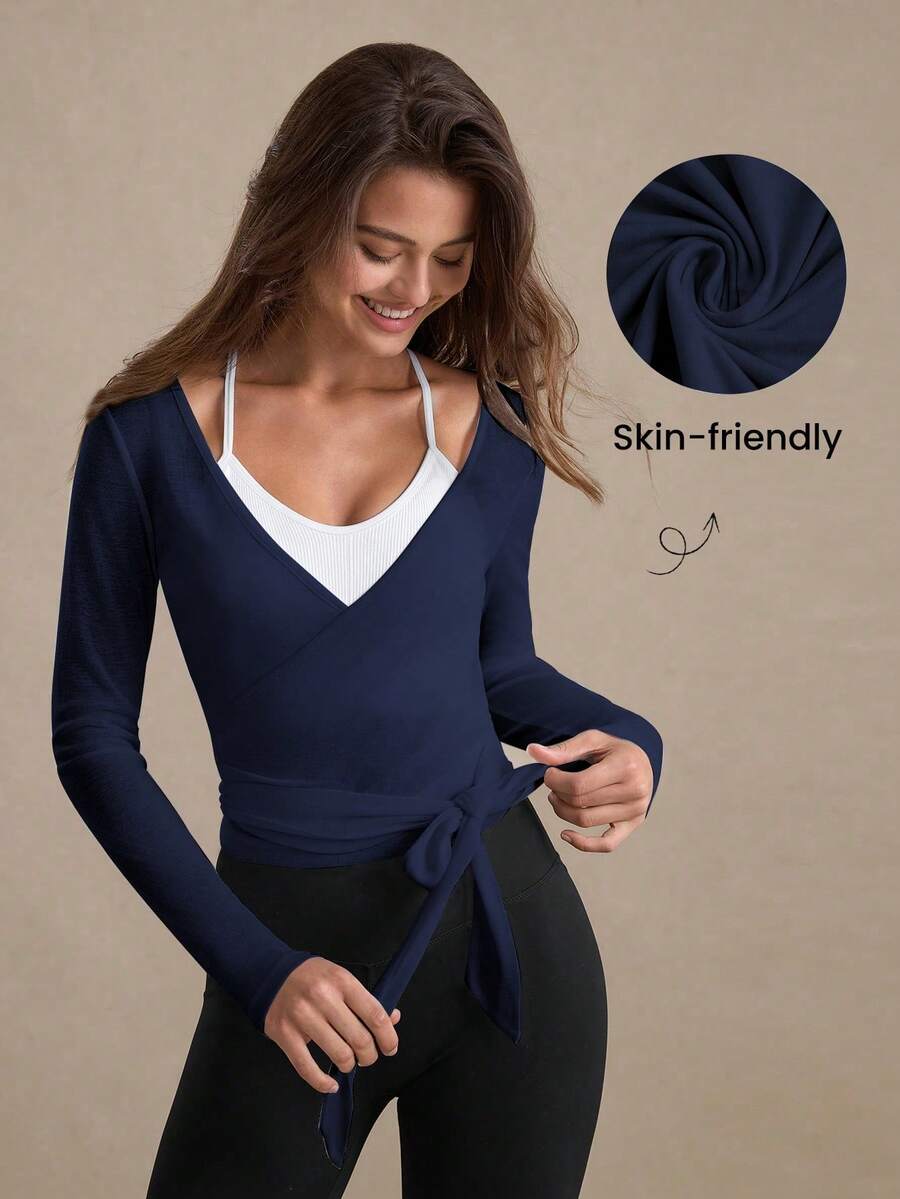 Eassivo Eassivo 2PCS Women's Textured Lightweight V-Neck Long Sleeve Adjustable Tie Wrap Top, Casual Sports Tee For Daily Wear Women's Yoga Tops Women's Long Sleeve Workout Tops Gym Shirts For Women Sexy Gym Criss Cross Women Tops Criss Cross Long Sleeve