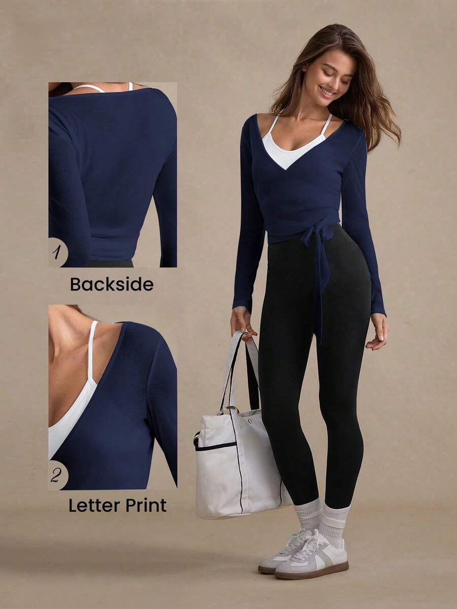 Eassivo Eassivo 2PCS Women's Textured Lightweight V-Neck Long Sleeve Adjustable Tie Wrap Top, Casual Sports Tee For Daily Wear Women's Yoga Tops Women's Long Sleeve Workout Tops Gym Shirts For Women Sexy Gym Criss Cross Women Tops Criss Cross Long Sleeve