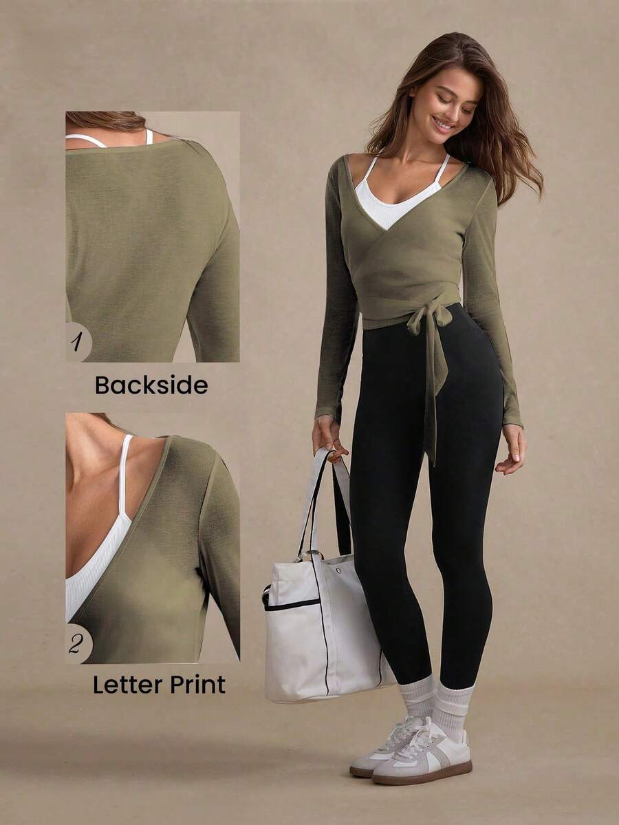 Eassivo Eassivo 2PCS Women's Textured Lightweight V-Neck Long Sleeve Adjustable Tie Wrap Top, Casual Sports Tee For Daily Wear Women's Yoga Tops Women's Long Sleeve Workout Tops Gym Shirts For Women Sexy Gym Criss Cross Women Tops Criss Cross Long Sleeve