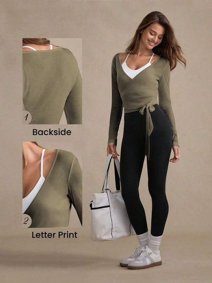 Eassivo Eassivo 2PCS Women's Textured Lightweight V-Neck Long Sleeve Adjustable Tie Wrap Top, Casual Sports Tee For Daily Wear Women's Yoga Tops Women's Long Sleeve Workout Tops Gym Shirts For Women Sexy Gym Criss Cross Women Tops Criss Cross Long Sleeve
