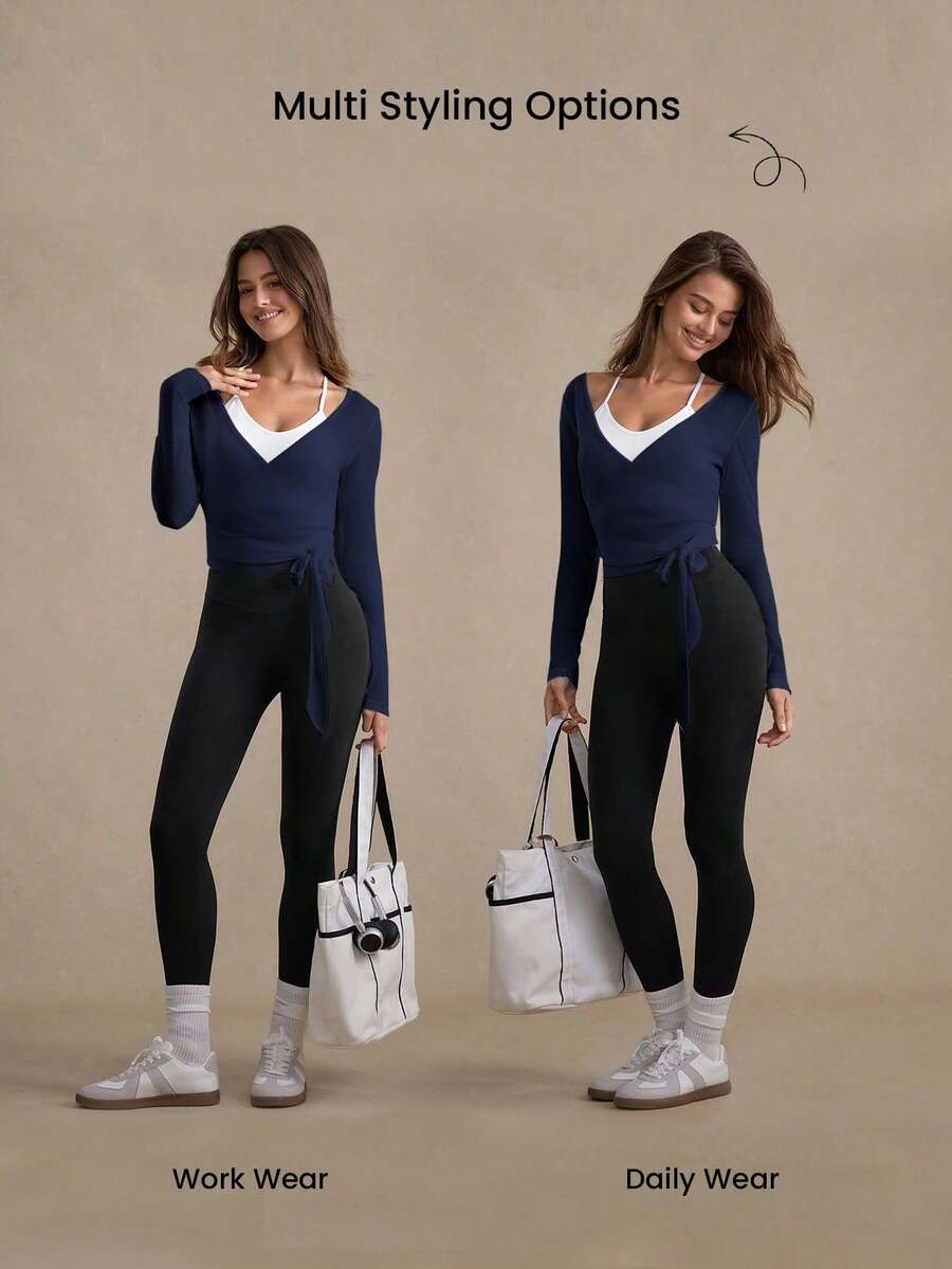 Eassivo Eassivo 2PCS Women's Textured Lightweight V-Neck Long Sleeve Adjustable Tie Wrap Top, Casual Sports Tee For Daily Wear Women's Yoga Tops Women's Long Sleeve Workout Tops Gym Shirts For Women Sexy Gym Criss Cross Women Tops Criss Cross Long Sleeve