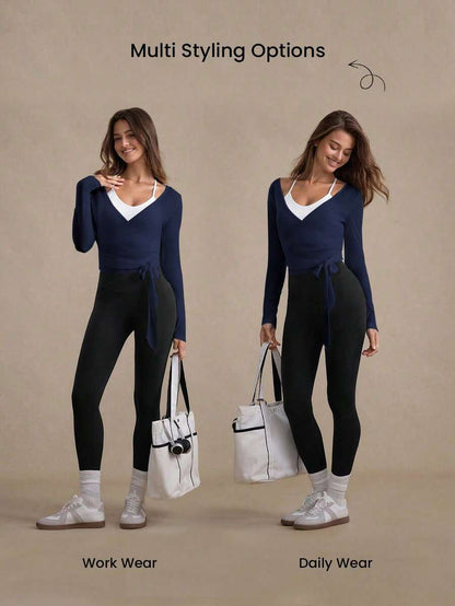 Eassivo Eassivo 2PCS Women's Textured Lightweight V-Neck Long Sleeve Adjustable Tie Wrap Top, Casual Sports Tee For Daily Wear Women's Yoga Tops Women's Long Sleeve Workout Tops Gym Shirts For Women Sexy Gym Criss Cross Women Tops Criss Cross Long Sleeve