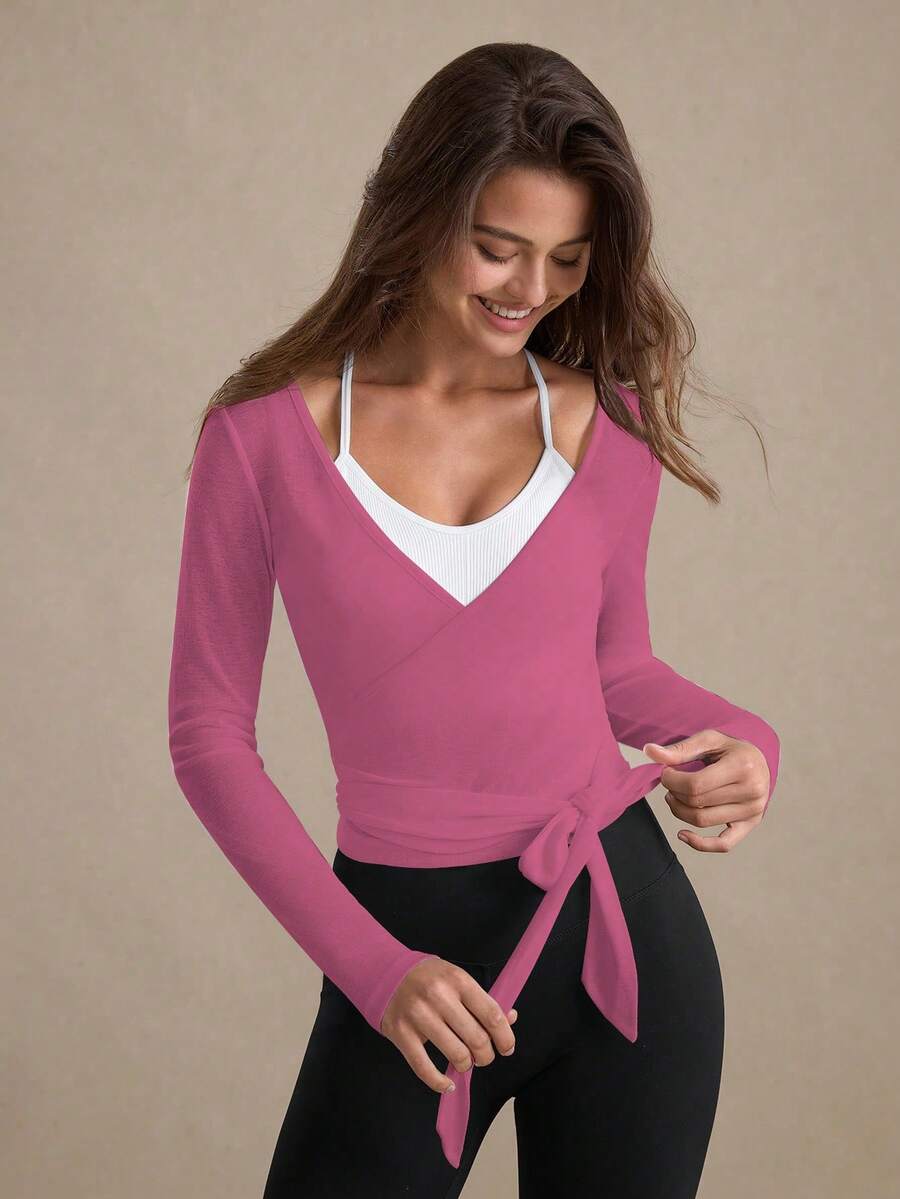 Eassivo Eassivo 2PCS Women's Textured Lightweight V-Neck Long Sleeve Adjustable Tie Wrap Top, Casual Sports Tee For Daily Wear Women's Yoga Tops Women's Long Sleeve Workout Tops Gym Shirts For Women Sexy Gym Criss Cross Women Tops Criss Cross Long Sleeve