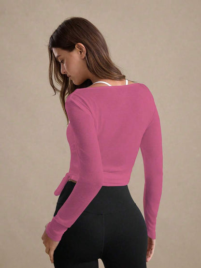 Eassivo Eassivo 2PCS Women's Textured Lightweight V-Neck Long Sleeve Adjustable Tie Wrap Top, Casual Sports Tee For Daily Wear Women's Yoga Tops Women's Long Sleeve Workout Tops Gym Shirts For Women Sexy Gym Criss Cross Women Tops Criss Cross Long Sleeve