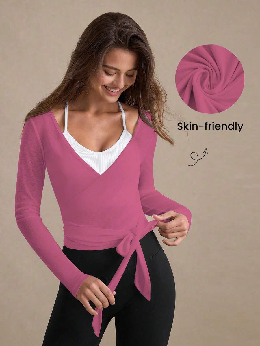 Eassivo Eassivo 2PCS Women's Textured Lightweight V-Neck Long Sleeve Adjustable Tie Wrap Top, Casual Sports Tee For Daily Wear Women's Yoga Tops Women's Long Sleeve Workout Tops Gym Shirts For Women Sexy Gym Criss Cross Women Tops Criss Cross Long Sleeve