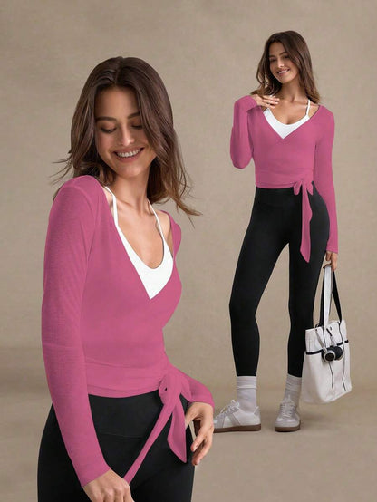 Eassivo Eassivo 2PCS Women's Textured Lightweight V-Neck Long Sleeve Adjustable Tie Wrap Top, Casual Sports Tee For Daily Wear Women's Yoga Tops Women's Long Sleeve Workout Tops Gym Shirts For Women Sexy Gym Criss Cross Women Tops Criss Cross Long Sleeve
