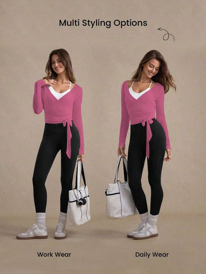 Eassivo Eassivo 2PCS Women's Textured Lightweight V-Neck Long Sleeve Adjustable Tie Wrap Top, Casual Sports Tee For Daily Wear Women's Yoga Tops Women's Long Sleeve Workout Tops Gym Shirts For Women Sexy Gym Criss Cross Women Tops Criss Cross Long Sleeve