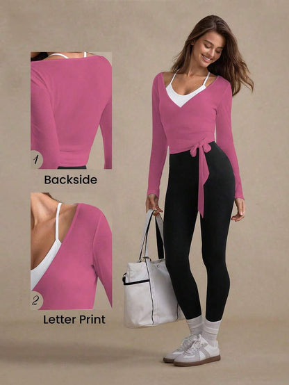 Eassivo Eassivo 2PCS Women's Textured Lightweight V-Neck Long Sleeve Adjustable Tie Wrap Top, Casual Sports Tee For Daily Wear Women's Yoga Tops Women's Long Sleeve Workout Tops Gym Shirts For Women Sexy Gym Criss Cross Women Tops Criss Cross Long Sleeve