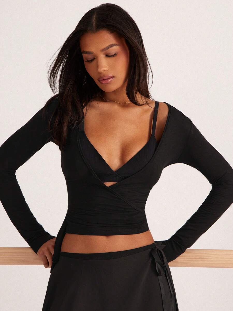 Eassivo Eassivo 2PCS Women's Textured Lightweight V-Neck Long Sleeve Adjustable Tie Wrap Top, Casual Sports Tee For Daily Wear Women's Yoga Tops Women's Long Sleeve Workout Tops Gym Shirts For Women Sexy Gym Criss Cross Women Tops Criss Cross Long Sleeve