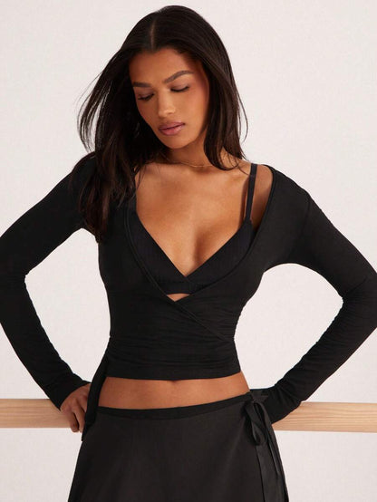 Eassivo Eassivo 2PCS Women's Textured Lightweight V-Neck Long Sleeve Adjustable Tie Wrap Top, Casual Sports Tee For Daily Wear Women's Yoga Tops Women's Long Sleeve Workout Tops Gym Shirts For Women Sexy Gym Criss Cross Women Tops Criss Cross Long Sleeve