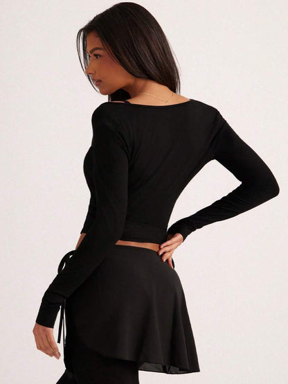 Eassivo Eassivo 2PCS Women's Textured Lightweight V-Neck Long Sleeve Adjustable Tie Wrap Top, Casual Sports Tee For Daily Wear Women's Yoga Tops Women's Long Sleeve Workout Tops Gym Shirts For Women Sexy Gym Criss Cross Women Tops Criss Cross Long Sleeve